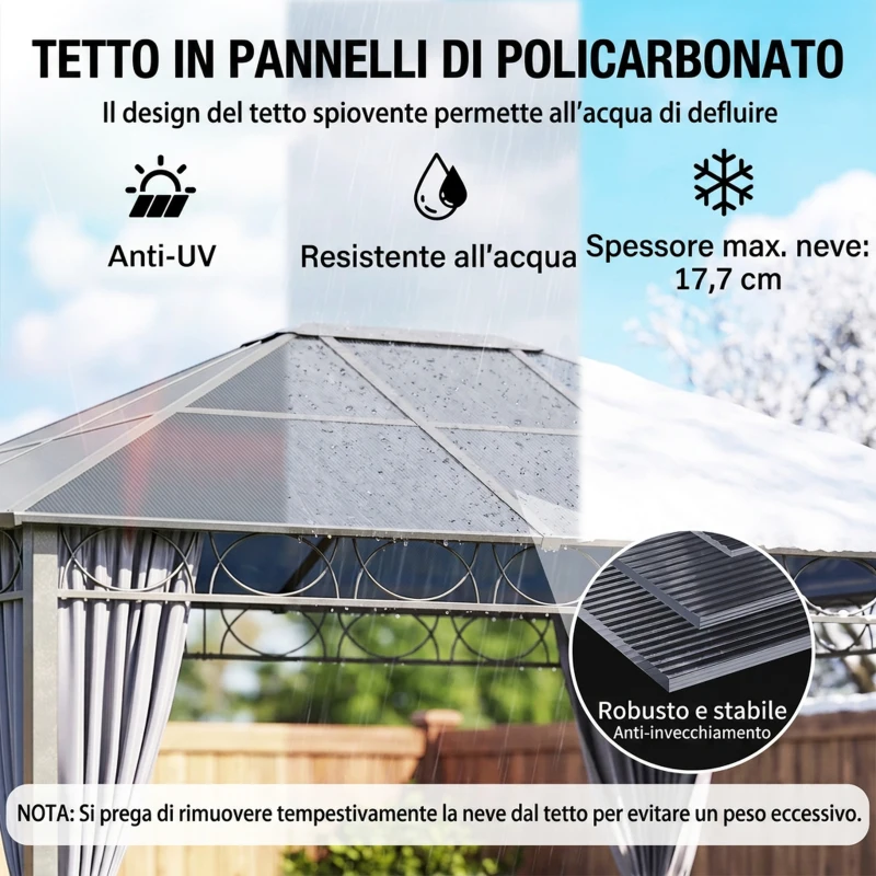 Outsunny Gazebo da Giardino 3.6x3m con Tetto in Policarbonato Anti UV e Tende, Grigio