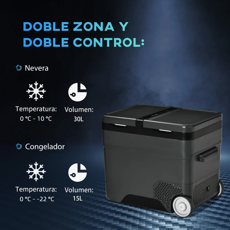 Outsunny Nevera de Coche 45L 12V/24V hasta -22℃ con Compartimento Congelador Pantalla LED Táctil Ruedas 63,2x42x50,8cm Negro