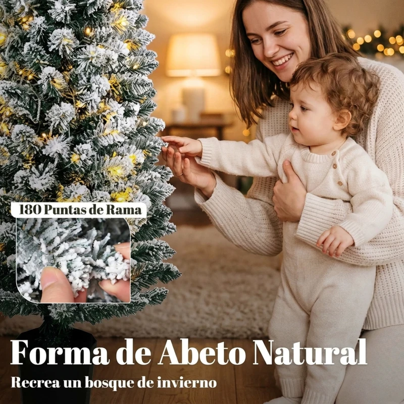 HOMCOM Árbol de Navidad Nevado con 100 Luces LED 120 cm 8 Modos 180 Ramas Verde y Blanco
