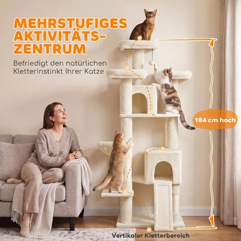 PawHut Krabpaal 184 cm met 3 krabpalen, ligplekken, speelbal, hangmat en ladder, voor katten tot 6 kg