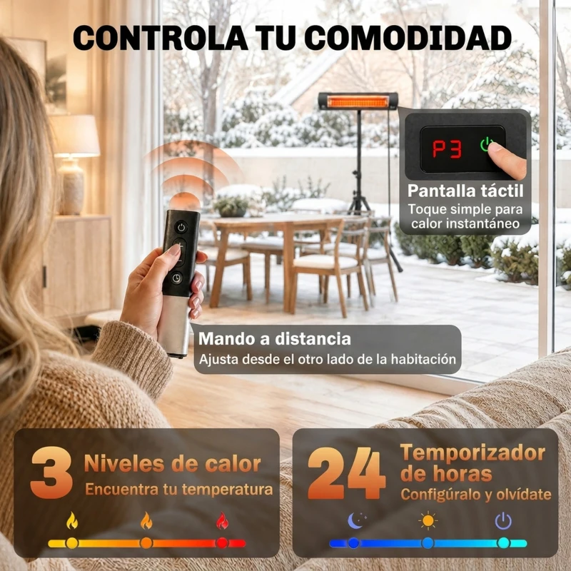 Outsunny Calefactor Infrarrojos Terraza de Pie 2500 W Trípode Regulable IP65 Control Táctil/Remoto 3 Niveles Calor Temporizador