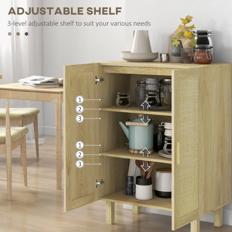 HOMCOM Sideboard Storage Cabinet, Boho Kitchen Cabinet with 2 Rattan Doors and Adjustable Shelves for Kitchen, Natural