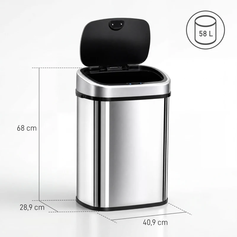 HOMCOM Poubelle de Cuisine Automatique 58L en Acier Inoxydable, Mouvement Sans Contact ou Ouverture Manuelle, Argent