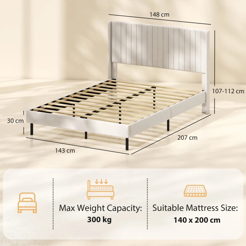 HOMCOM Cadru de pat 140 x 200 cm cu tăblie reglabilă, pat tapițat cu 12 lamele, bej