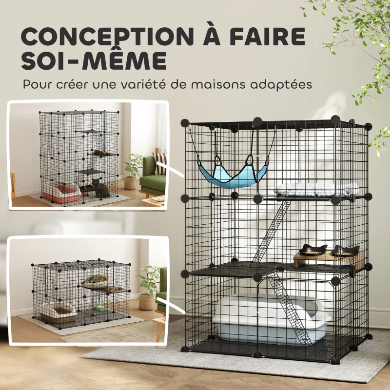 PawHut Cage Chat Intérieur Enclos Chat Modulable 3 Portes Hamac Échelle pour Petits Animaux de Compagnie 70x70x105cm Noir