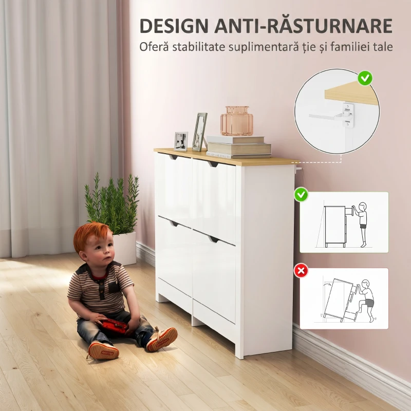 HOMCOM Pantofar Modern pentru max. 16 Perechi, cu 4 Sertare Reglabile și Detașabile, din Lemn, 105x26x80 cm, Alb