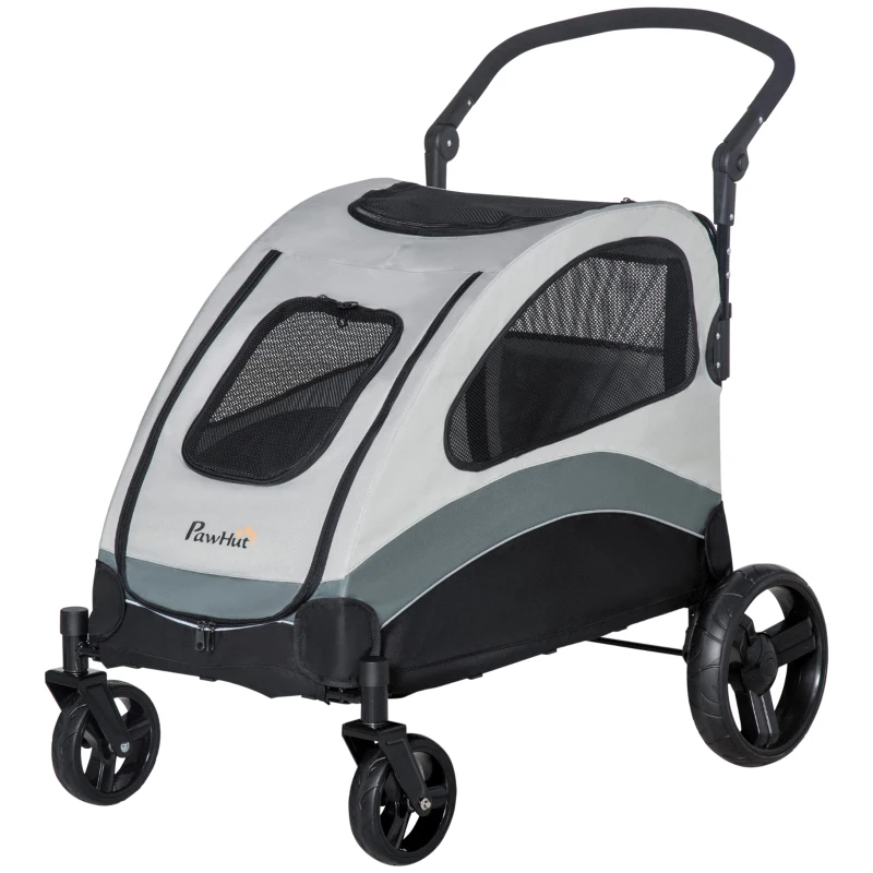 PawHut Carrito para Perros con Ventanas Bolsillo de Almacenaje Correas de Seguridad y 2 Ruedas Universales 107x67x102 cm Gris