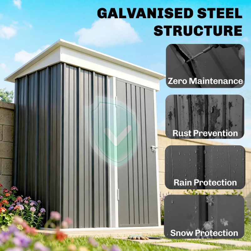 Outsunny Metal Garden Shed, Outdoor Lean-to Shed for Tool Motor Bike, with Adjustable Shelf, Lock, Gloves, 5'x3'x6',  Dark Grey