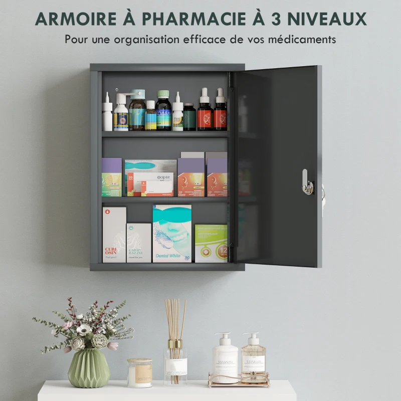 kleankin Armoire à pharmacie murale en acier, armoire à médicaments à 3 niveaux porte verrouillable 2 clés, 40x15x53,5cm, gris