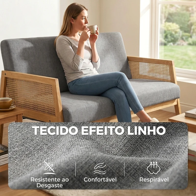 HOMCOM Sofá de 2 Lugares com Efeito Linho Detalhes em Vime Sintético e Estrutura em Madeira até 240 kg 115x77x77 cm Cinza
