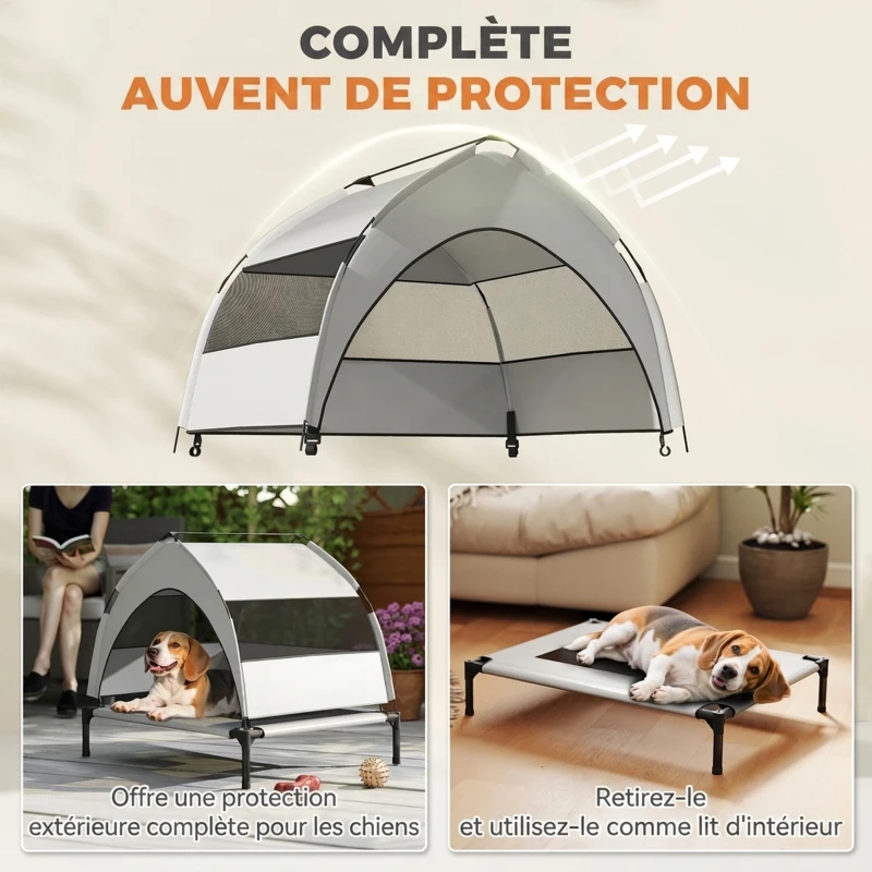 PawHut Lit pour Chien Surélevé Tente pour Chien avec Auvent Tente 3 Côtés Respirant Textilène Sac 76x61x70cm Gris Clair