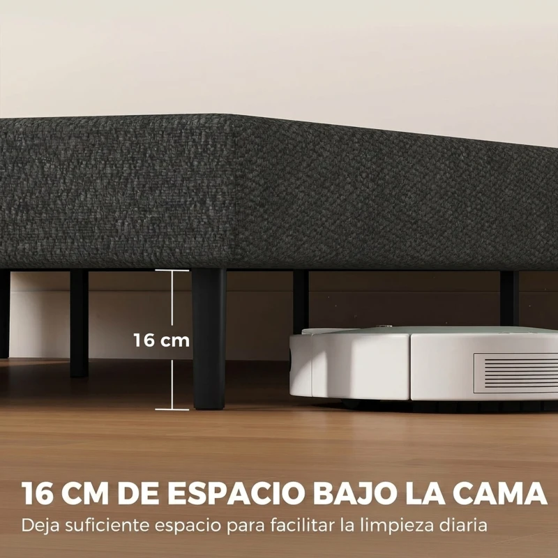 HOMCOM Cama Tapizada 144x195 cm con Funda de Chenilla Somier de Lamas de Madera Patas de Acero Fácil Montaje Carga 400 kg Gris