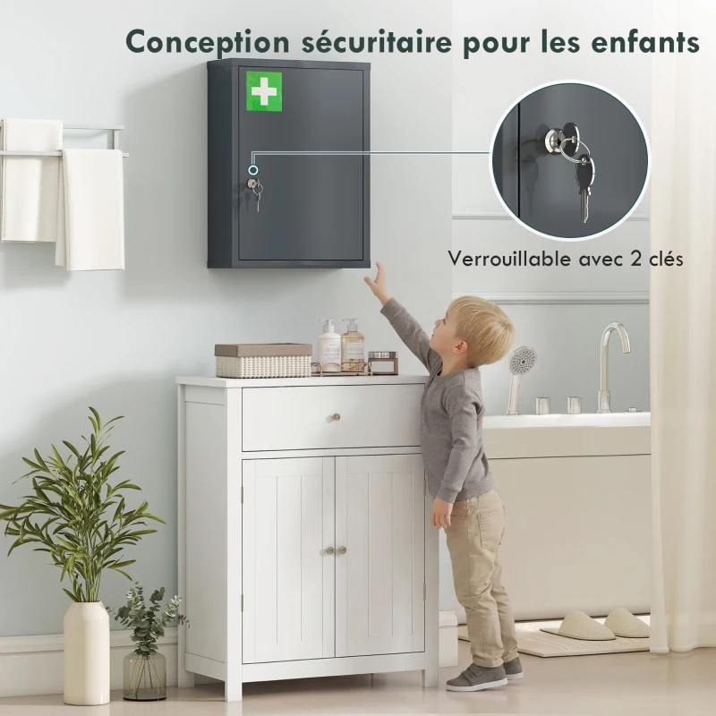 kleankin Armoire à pharmacie murale en acier, armoire à médicaments à 3 niveaux porte verrouillable 2 clés, 40x15x53,5cm, gris