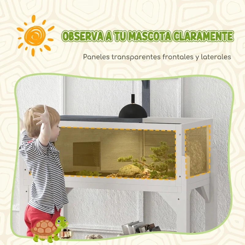 PawHut Casa de Tortugas de Madera con Estante Soporte para Lámpara Paneles Transparentes Techo Abatible Bandeja Gris