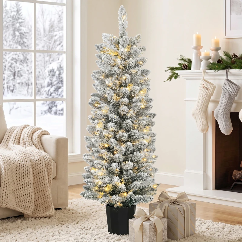 HOMCOM Árbol de Navidad Nevado con 100 Luces LED 120 cm 8 Modos 180 Ramas Verde y Blanco