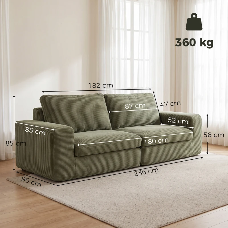 HOMCOM Sofá 3 plazas en terciopelo acanalado, sofá de salón comprimido moderno 236 cm con cojín de muelles, verde