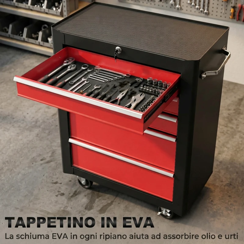HOMCOM Carrello Porta Attrezzi con 5 Cassetti, Tappetini in EVA, Serratura e 2 Chiavi, 4 Ruote Girevoli, Nero Rosso