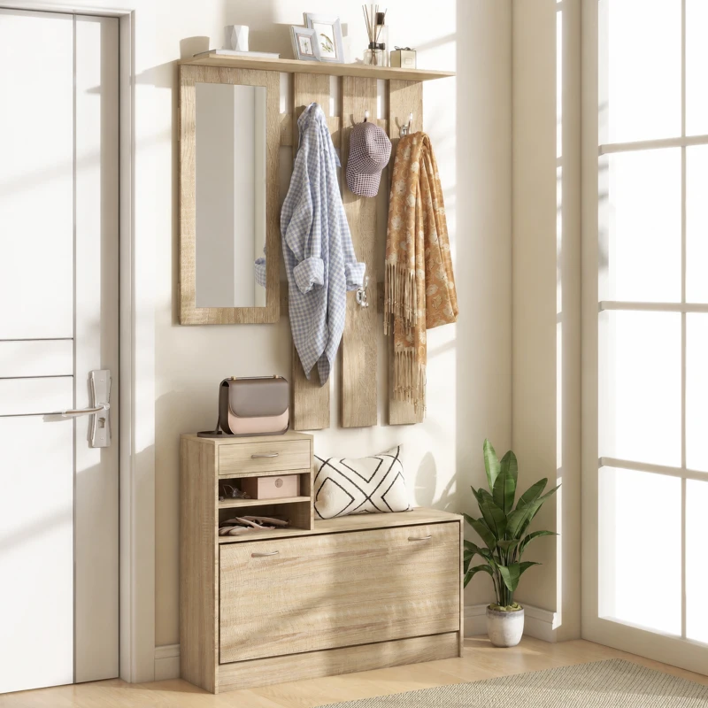 HOMCOM Cuier 3 în 1 cu Suport pentru Pantofi și Oglindă, Cârlige și Sertare, din Lemn, 90x24x177 cm, Culoare Stejar