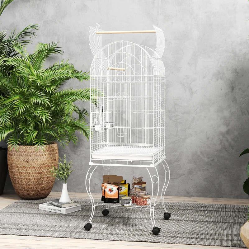 PawHut Jaula para Pájaros con Ruedas y Estante 51x51x153 cm con Parte Superior Abatible Comederos y Bandeja Extraíble Blanco
