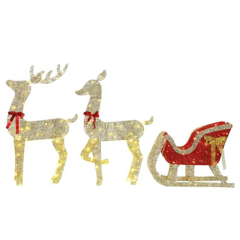 Outsunny Außen-Weihnachtsrentier mit 3D-Schlitten, 3-teilig, mit 200 warmweißen LEDs, 8 Modi und Timer