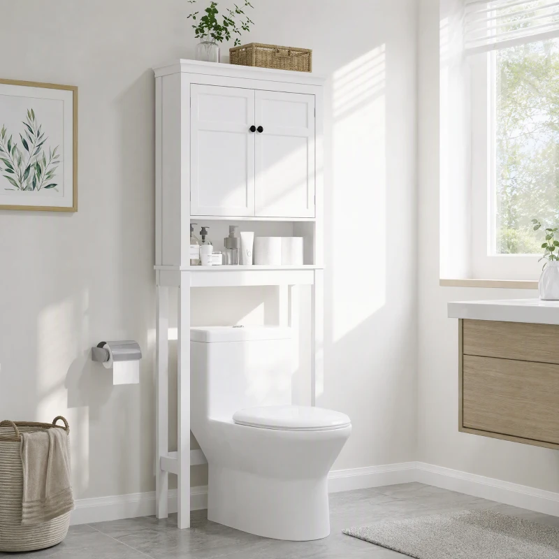 HOMCOM Mueble sobre Inodoro con 2 Puertas Compartimiento y Estante Ajustable Mueble para Baño 70x20x175 cm Blanco