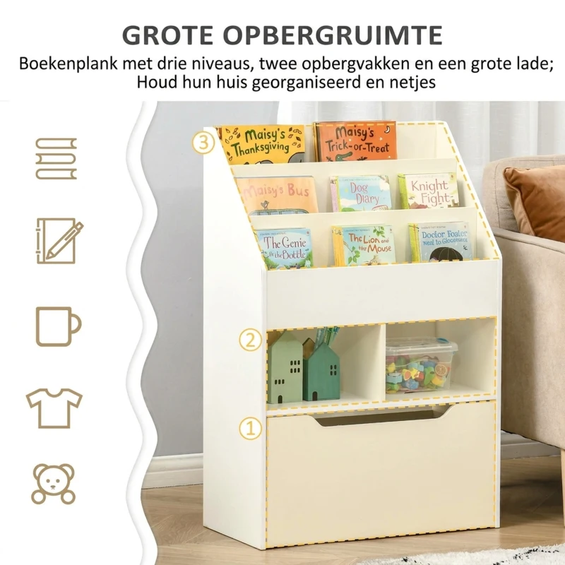 HOMCOM Kinderrek met Lade, Boekenkast met Vakken, 60 x 29,9 x 90 cm, Wit