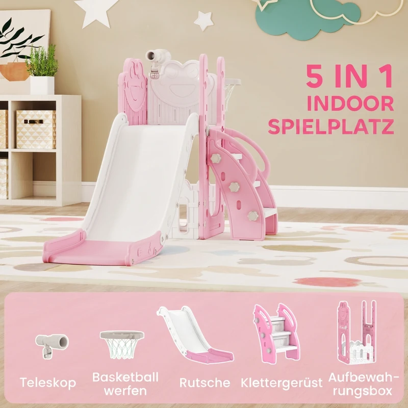 AIYAPLAY 5-in-1 kinderglijbaan met telescoop, basketbalring, HDPE en kunststof, roze+witte uitvoering