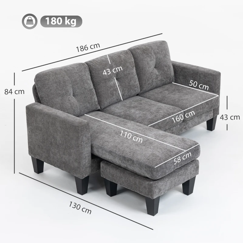 HOMCOM Sofá Chaise Longue Sofá em Forma de L Estofado em Poliéster Sofá de Canto Reversível 186x130x84 cm Cinzento Escuro