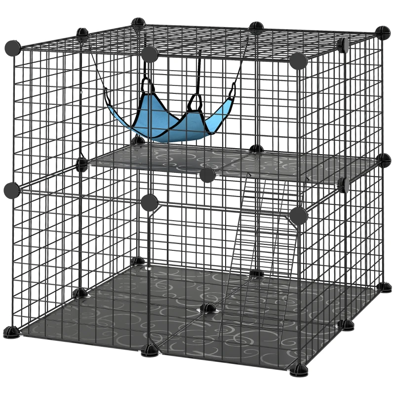 PawHut Enclos pour Chat 70 cm, Cage pour Chat en Acier avec 2 Portes, Design Modulaire DIY pour Chats de moins de 4 kg, 2 Niveaux avec Plateforme et Hamac, Noir