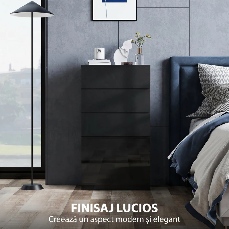 HOMCOM Comodă cu 5 Sertare din Lemn, pentru Dormitor, Design Modern și Multifuncțional, 55x34x100 cm, Negru