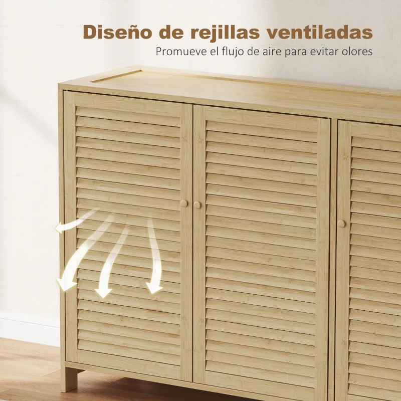 HOMCOM Zapatero de Bambú para 18 Pares con Puertas de Lamas y Estantes Ajustables Madera Natural