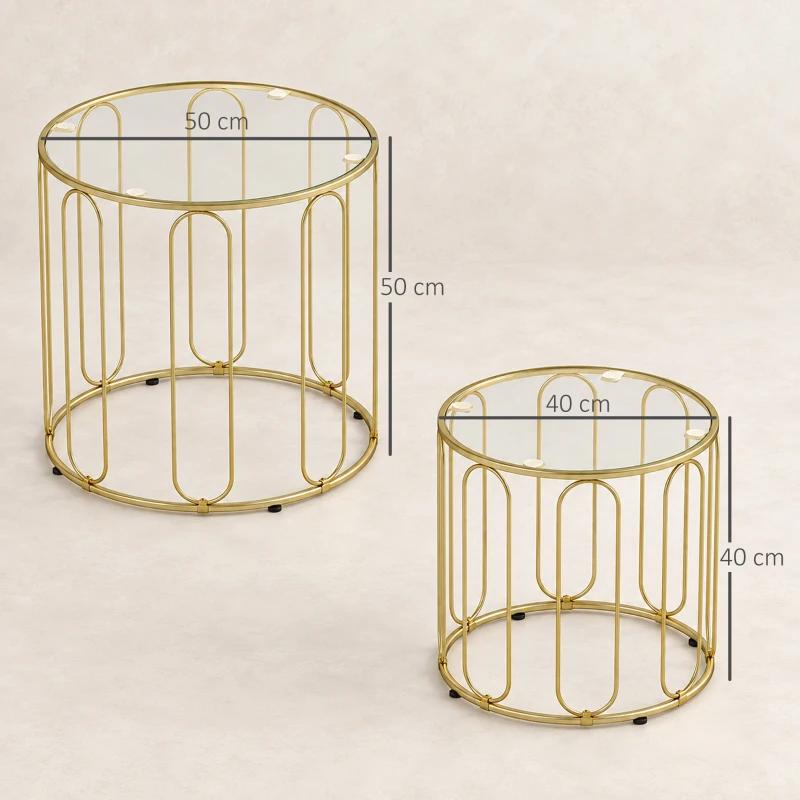 HOMCOM Conjunto de 2 Mesas Auxiliares Tipo Nido con Estructura de Metal y Encimera de Cristal Ø50x50 cm y Ø40x40 cm Dorado
