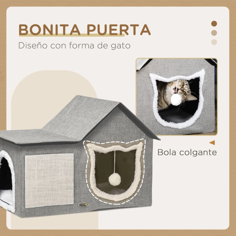 PawHut Caseta para Gatos Casa para Gatos Interior con Almohadilla para Rascar Cojín Suave y Bola Colgante 65x41x45,5 cm Gris