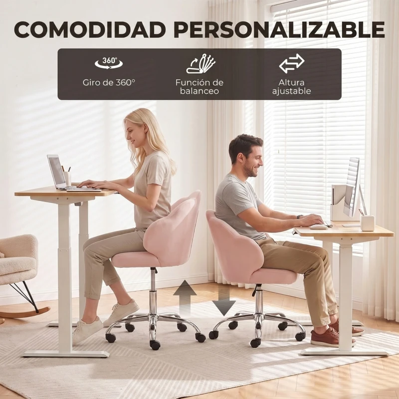 HOMCOM Silla de Oficina Forma de Pétalo con Ruedas de Terciopelo Función Basculante Asiento Ancho Altura Ajustable Rosa