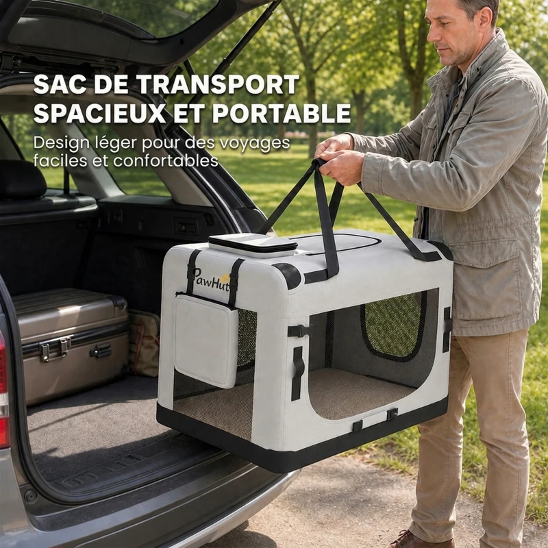 PawHut Sac de transport souple pour chien avec sangle à boucle de sécurité, coussin lavable et gamelle pliable, gris clair