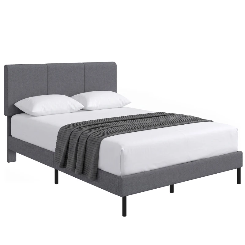 HOMCOM Armazón de cama 140 x 200 cm con cabecero ajustable, cama tapizada con aspecto de lino con 12 lamas