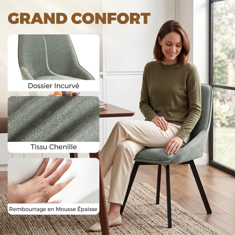 HOMCOM Lot de 2 Chaises de Salle à Manger Pivotantes à 360°, Chaises Cuisine Rembourrée en Chenille, Dossier Incurvé, Vert