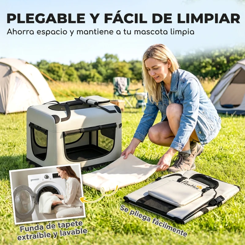 PawHut Transportín Perros Gatos Plegable 60x42x44 cm Correa para Coche Cojín Lavable Cuenco Plegable 2 Bolsillos Gris Claro