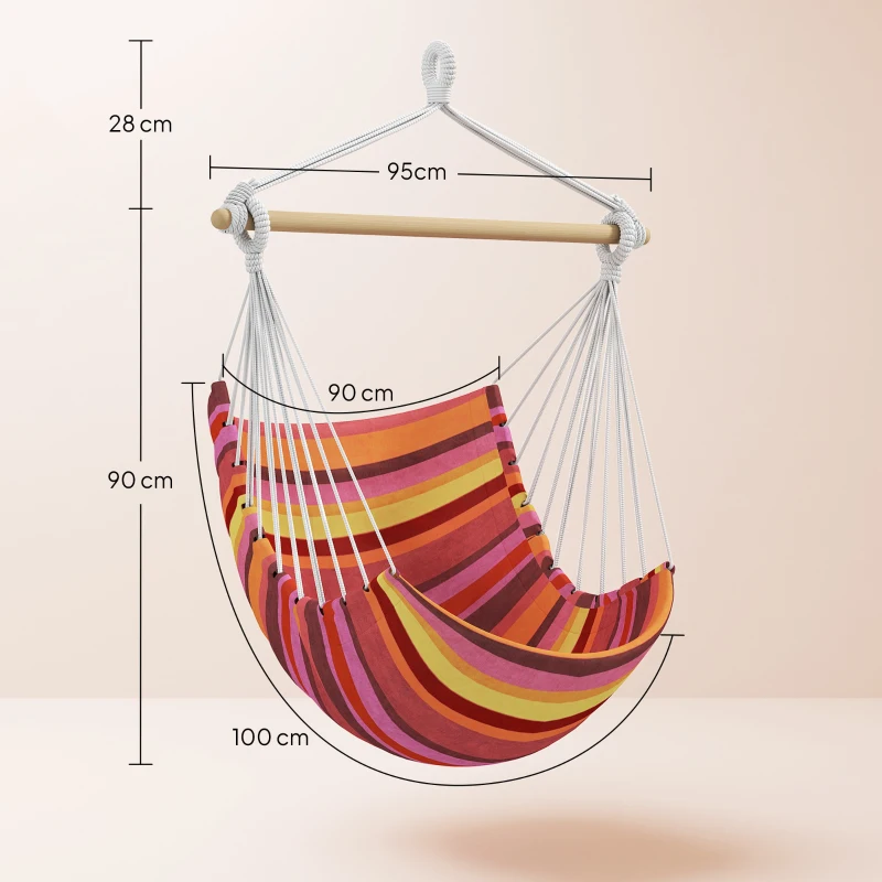 Outsunny Outdoor Hanging Rope Chair with Cotton Rope, Garden Hammock Chair with Wooden Support Bar Cotton Cloth, Portable Garden Chair for Patio & Tree, Red