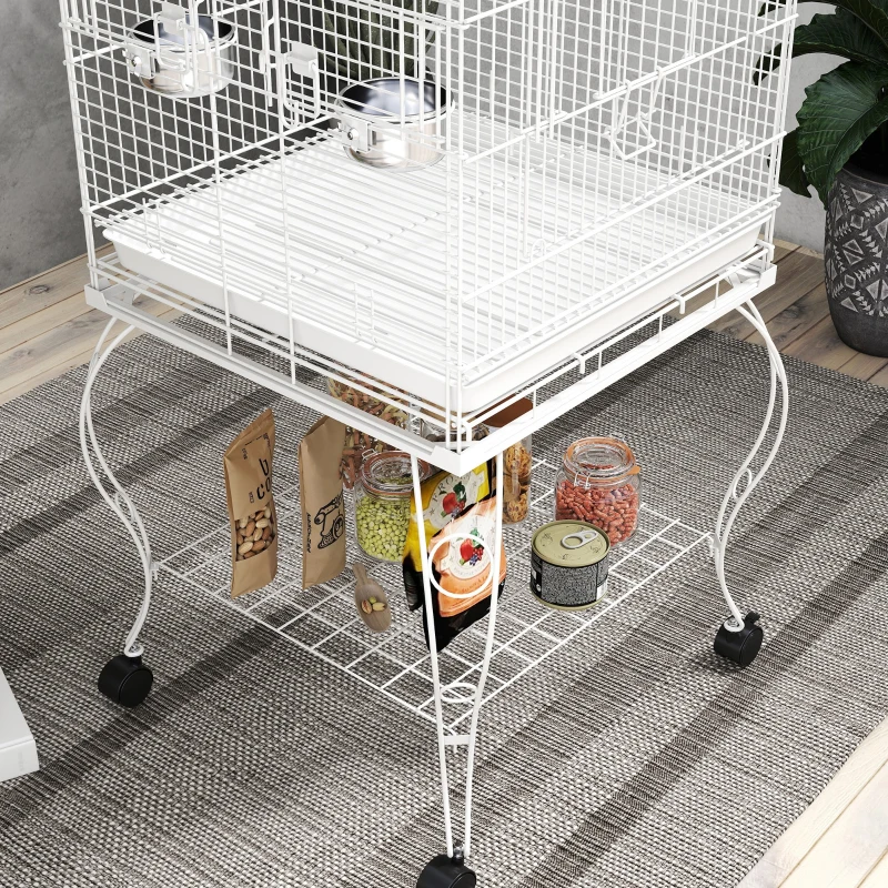 PawHut Jaula para Pájaros con Ruedas y Estante 51x51x153 cm con Parte Superior Abatible Comederos y Bandeja Extraíble Blanco