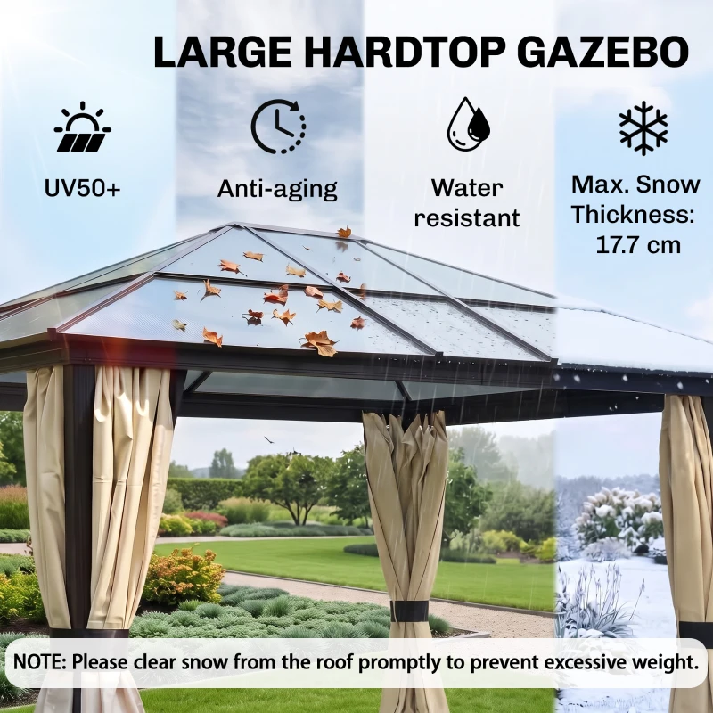 Outsunny 3.6 x 4m Hardtop Gazebo Canopy with Polycarbonate Roof and Aluminium Frame, Garden Pavilion with Mosquito Netting and Curtains