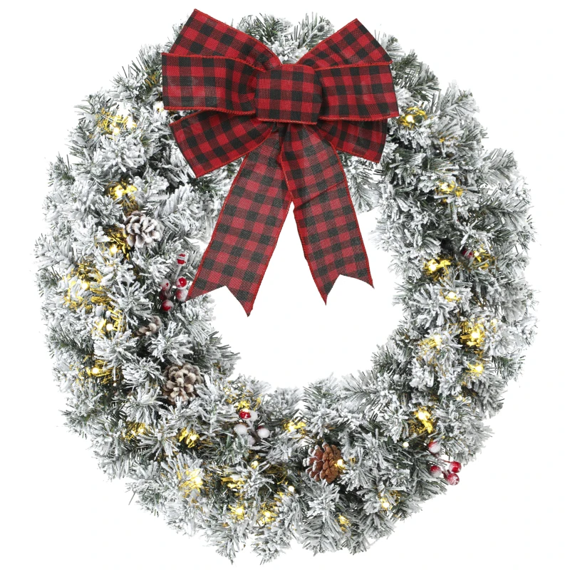 HOMCOM Corona de Navidad Puerta Efecto Nevado con 50 LED Luces Piñas Bayas y Lazo Festivo para Chimenea Pared Ventana