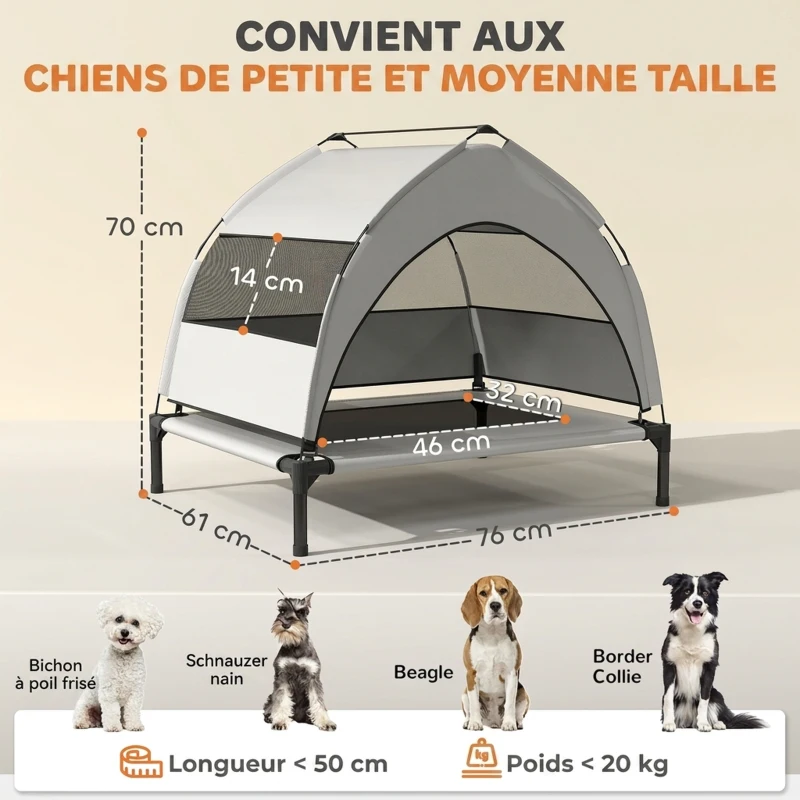PawHut Lit pour Chien Surélevé Tente pour Chien avec Auvent Tente 3 Côtés Respirant Textilène Sac 76x61x70cm Gris Clair