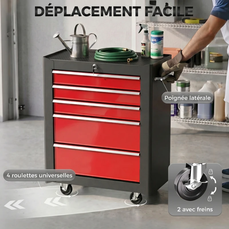 HOMCOM Chariot à outils sur roulettes, Servante d'atelier en acier 5 tiroirs verrouillable 2 clés, 61,5 x 33 x 82,5 cm, rouge
