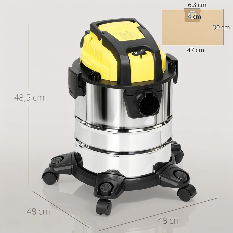 HOMCOM Aspirador en Seco y Húmedo 3 en 1 1200W con Función de Soplador Manguera 2 m Depósito Inoxidable 20L Amarillo