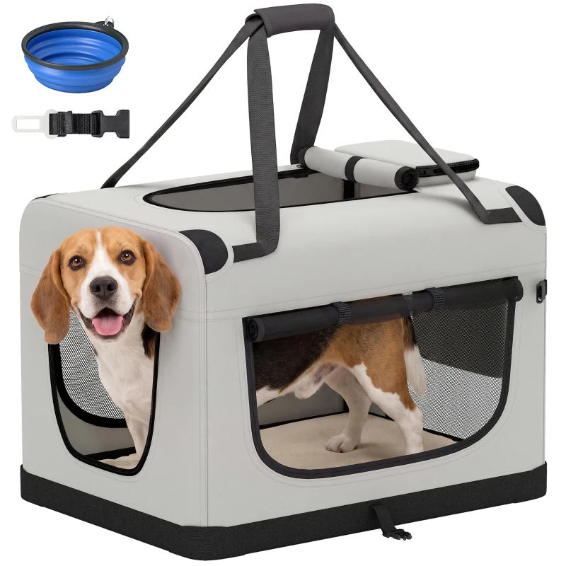 PawHut Sac de transport pour chien souple avec sangle de sécurité, coussin lavable et gamelle pliable, gris clair