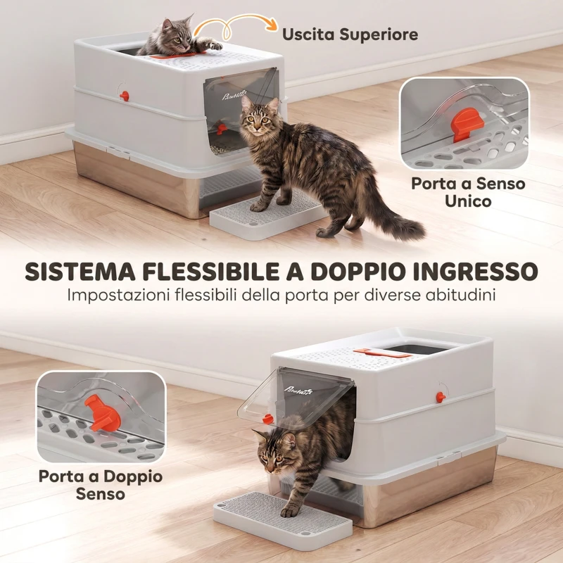 PawHut Lettiera Gatti Acciaio Inox con Coperchio, XL 90 L, Chiusa con Gradino, Paletta, Bordi Alti, Grigio Chiaro