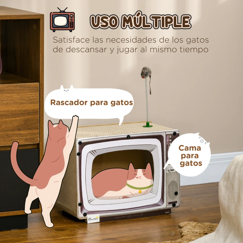 PawHut Rascador de Cartón para Gatos en Forma de Televisor con Ratón de Juguete 43x23x32,5 cm Arena