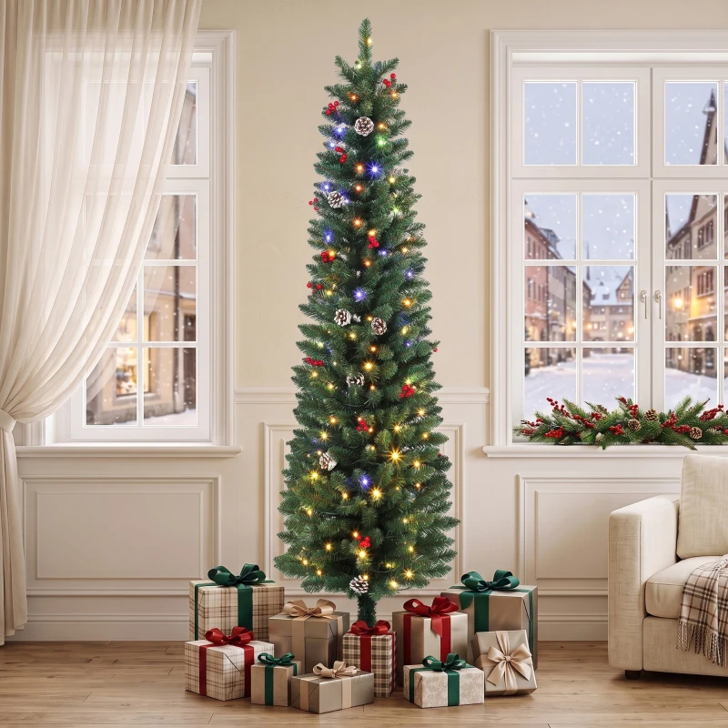 HOMCOM schlanker Weihnachtsbaum 180 cm mit 170 bicolor-LEDs, 351 PVC-Zweigen, Zapfen, roten Beeren und Fernbedienung, Grün