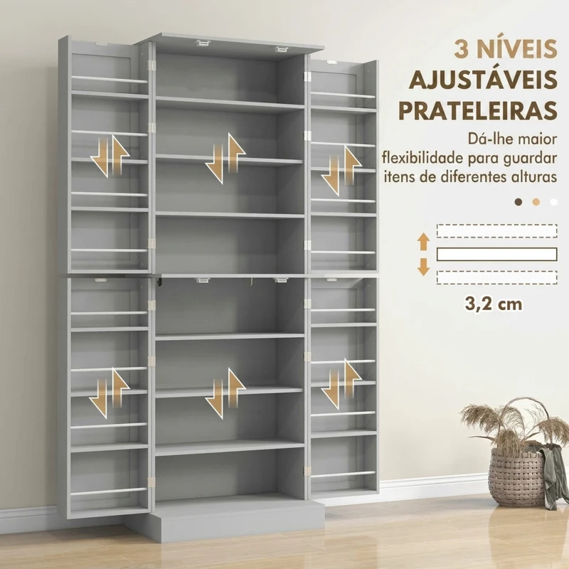 HOMCOM Armário Despenseiro de Cozinha com 4 Portas e Prateleiras Ajustáveis para Sala de Estar e Sala de Jantar, Cinzento
